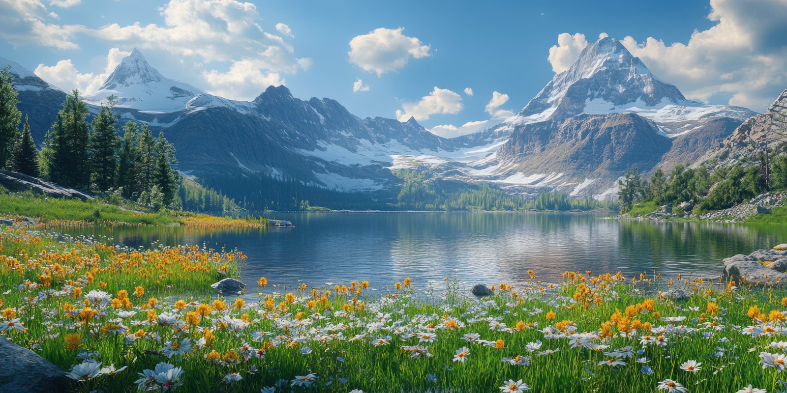 Bright wildflower meadow by a serene mountain lake under a clear blue sky in summer